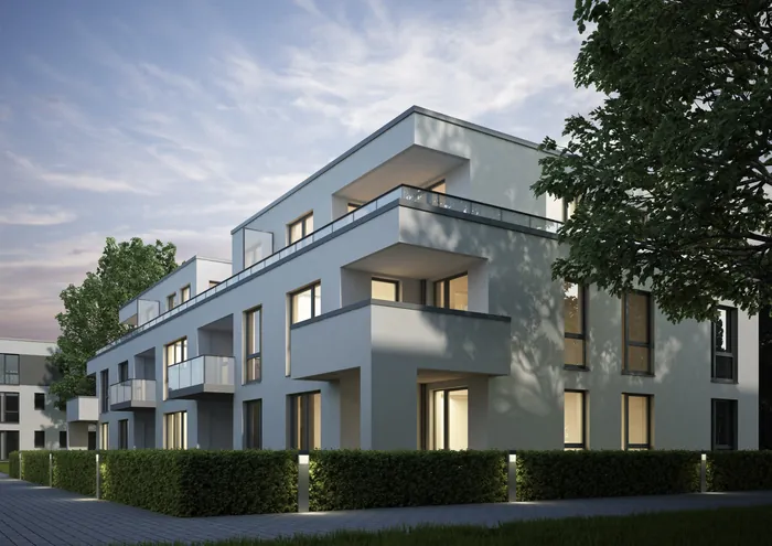 Modern residential apartment building with balconies and large windows by Oliver Hasselluhn