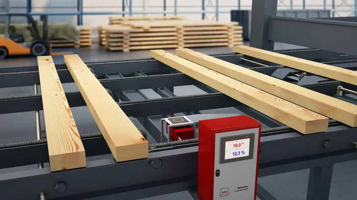 Wooden planks on conveyor in factory setting by Oliver Hasselluhn