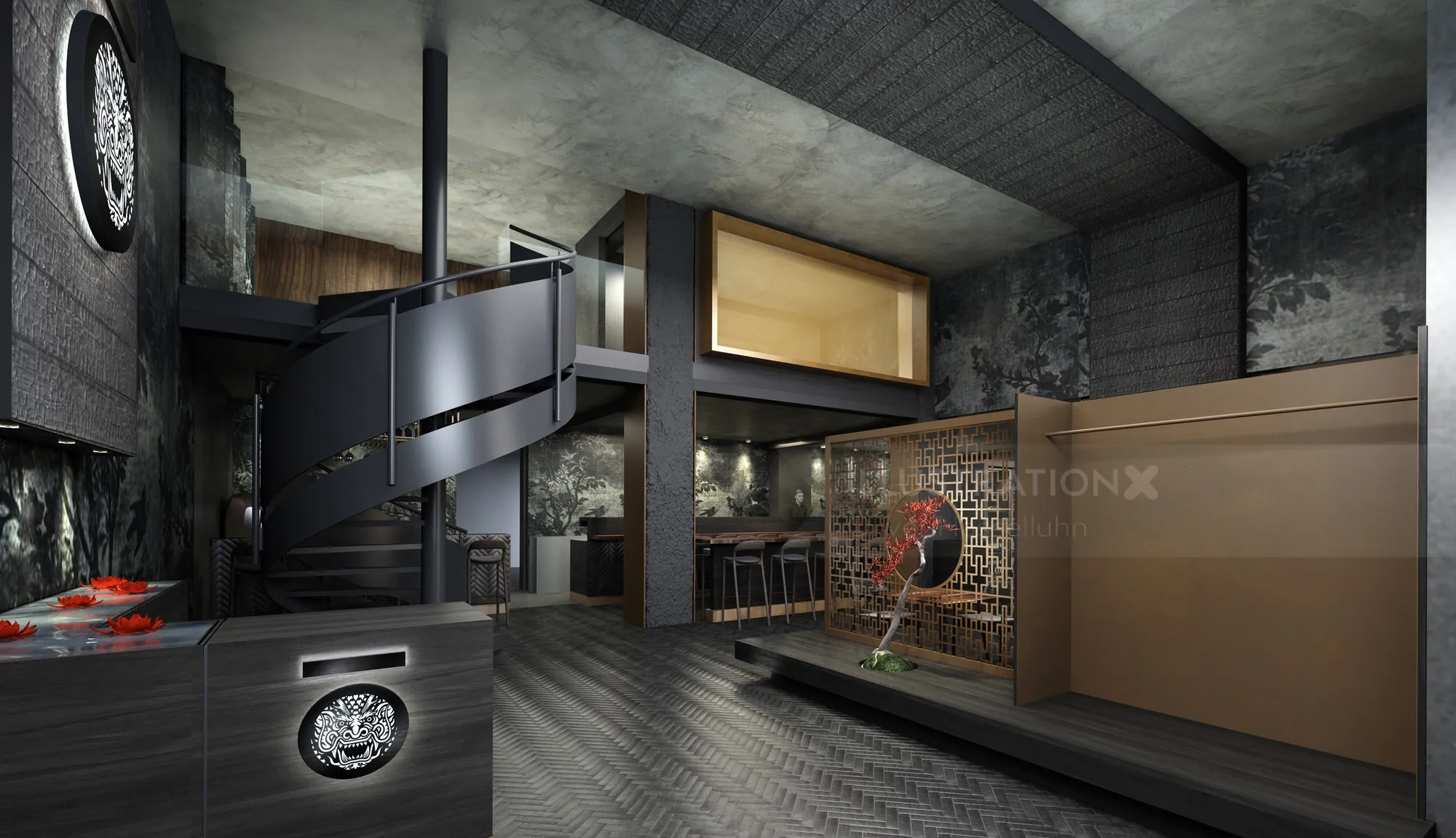 Modern industrial loft interior with spiral staircase and exposed brick by Oliver Hasselluhn