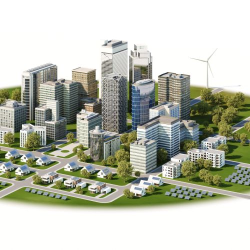 Illustration of a sustainable urban cityscape with wind turbines and solar panels by Oliver Hassellu