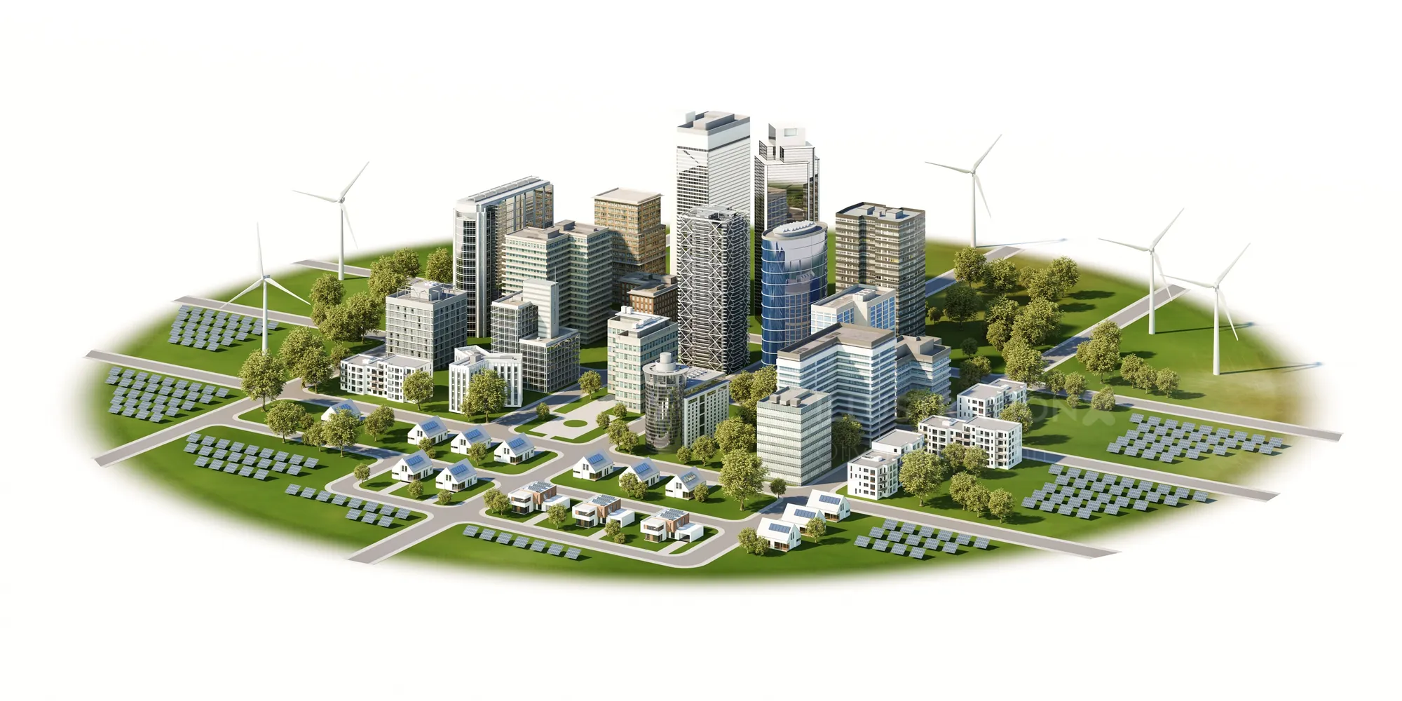 Illustration of a sustainable urban cityscape with wind turbines and solar panels by Oliver Hassellu