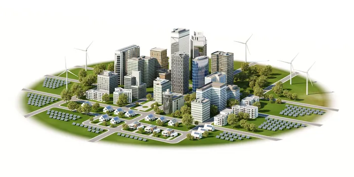 Illustration of a sustainable urban cityscape with wind turbines and solar panels by Oliver Hassellu