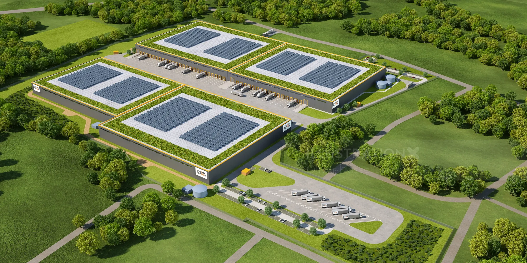 Aerial view of warehouse complex with solar panels and surrounding greenery by Oliver Hasselluhn