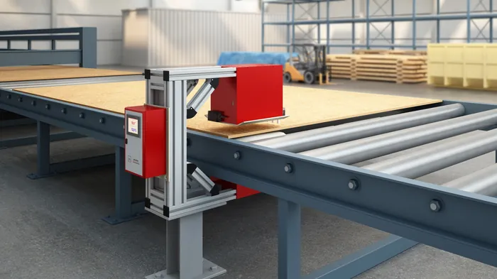 Automated conveyor belt system with red sensor and control box by Oliver Hasselluhn