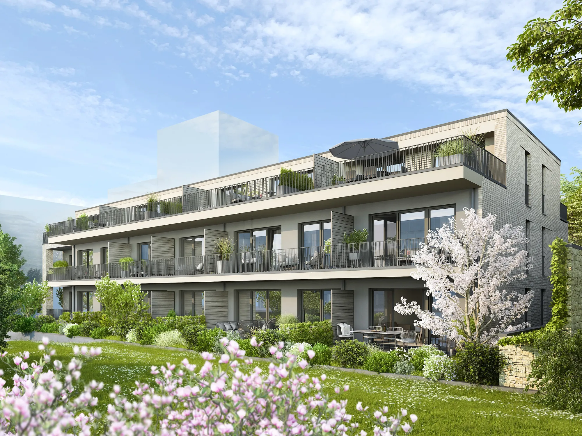 Modern residential building with balconies and lush garden by Oliver Hasselluhn