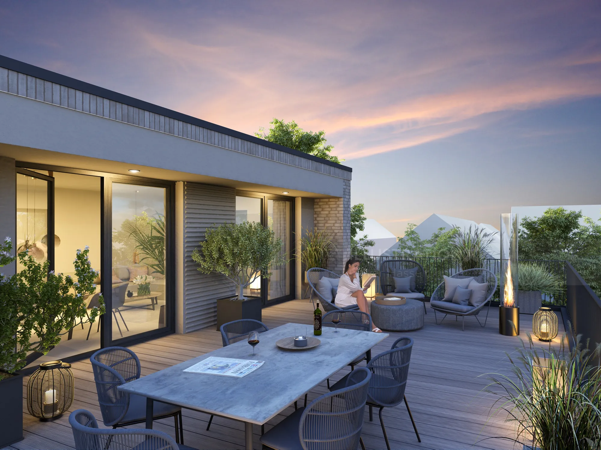 Modern rooftop terrace with seating area and plants at sunset by Oliver Hasselluhn