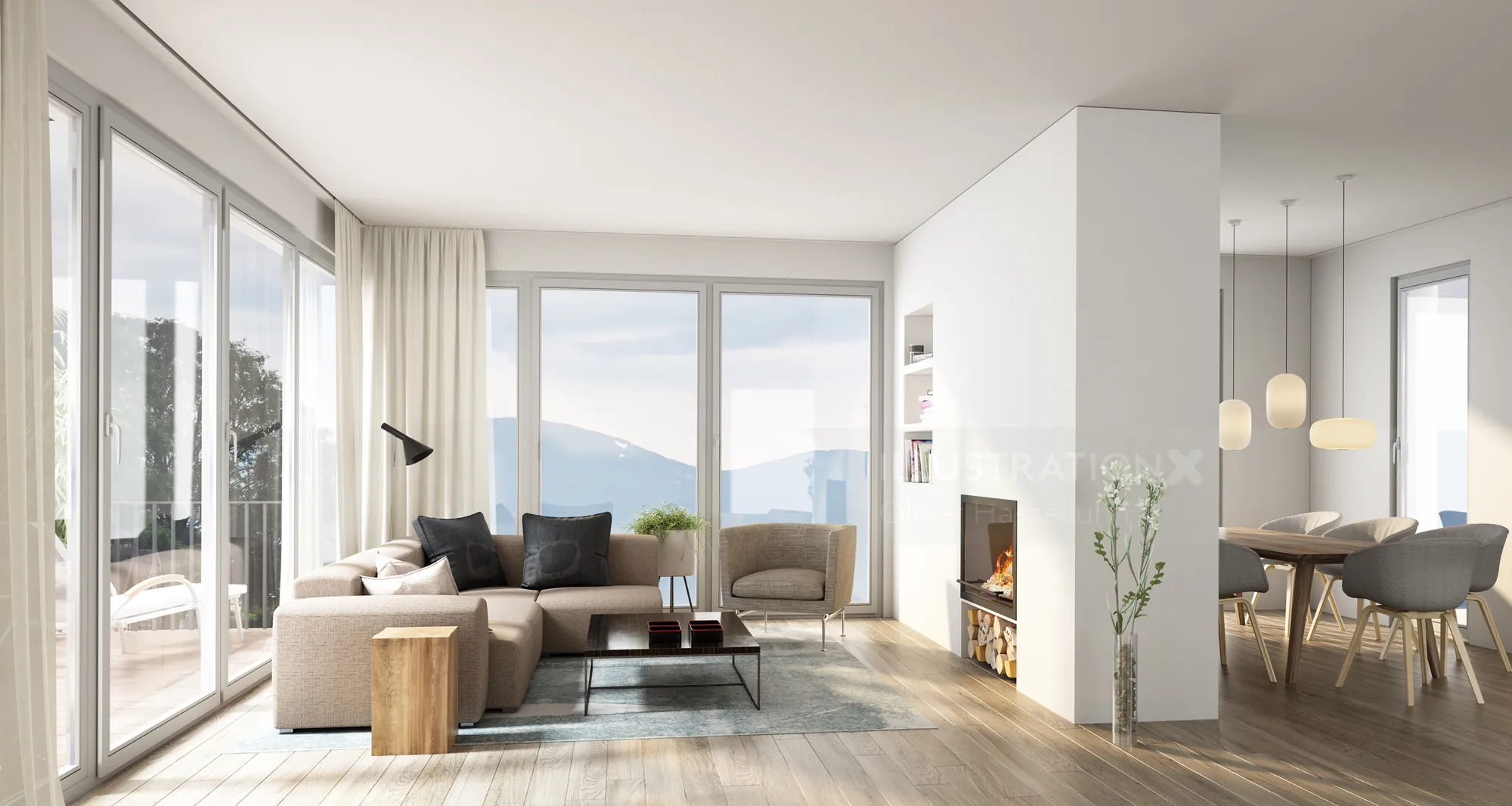 Spacious living room with sofa, large windows, and natural light