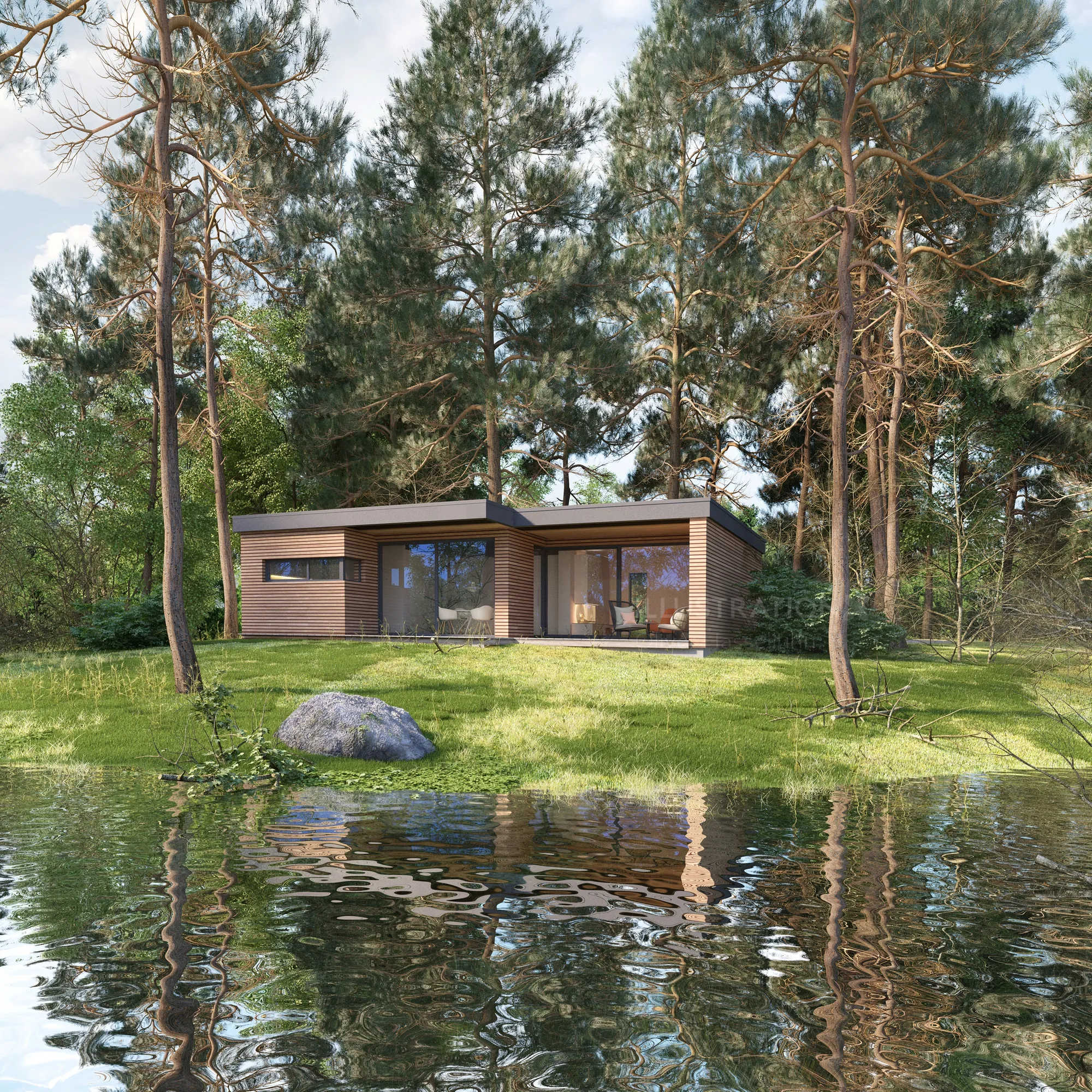 Modern cabin near lake with pine trees and reflections in water