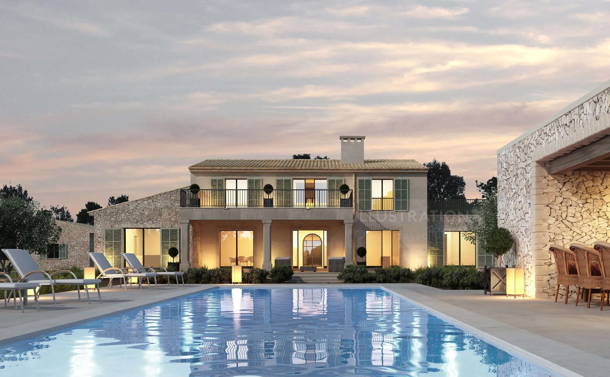 Luxury villa with outdoor pool and lounge area at sunset