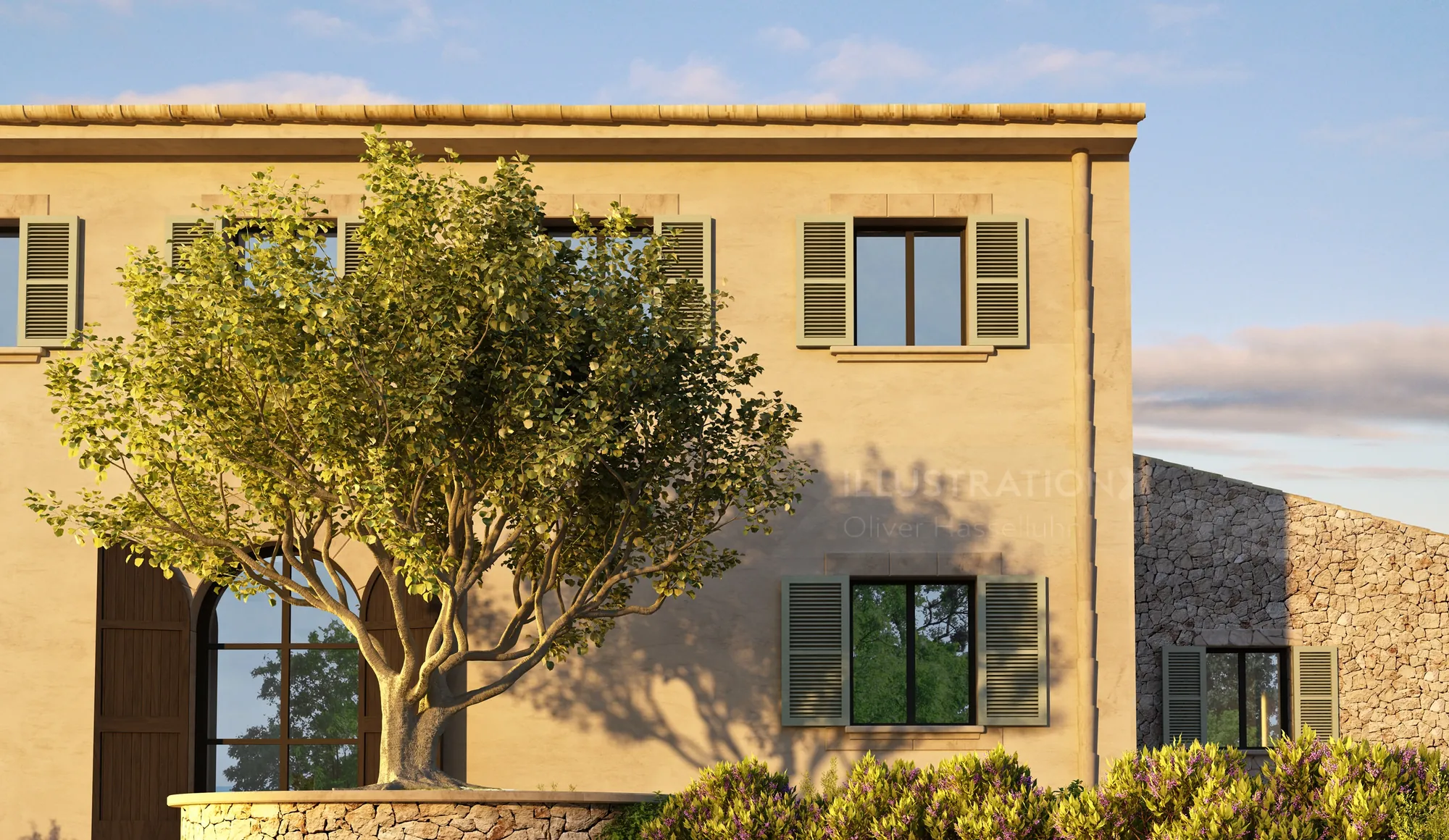 Two-story historic house with tree and clear sky