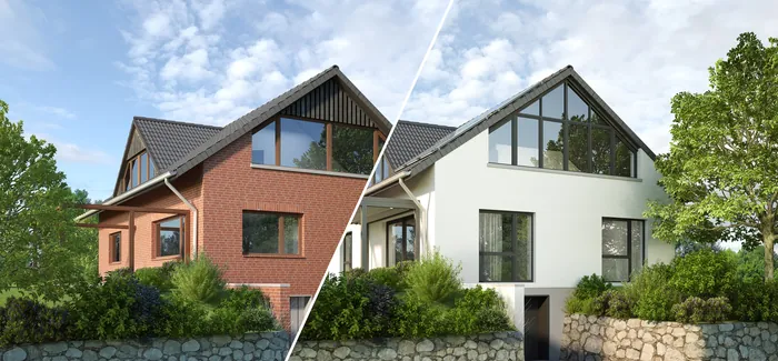 Modern brick house and white house with large triangular windows