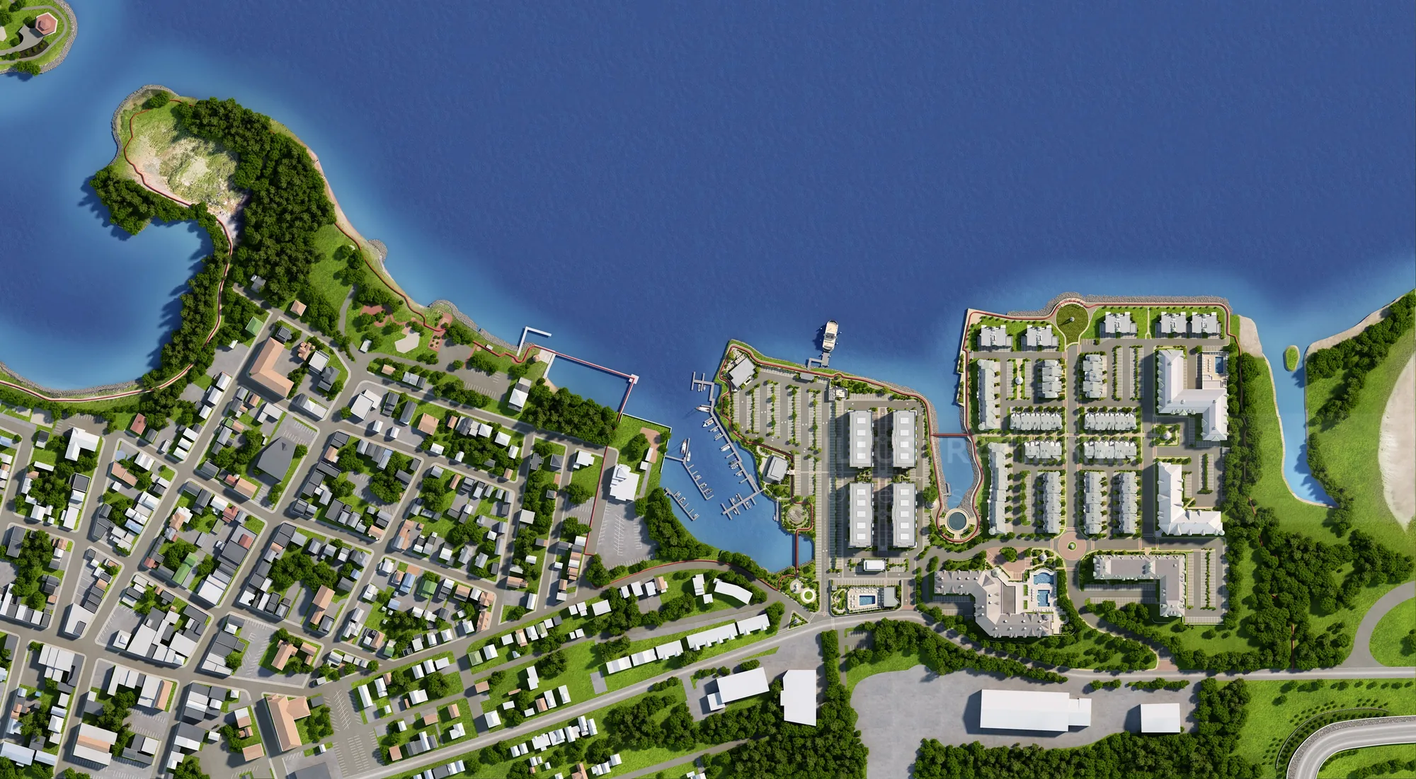 Aerial coastal town view showing docks, houses, and roads