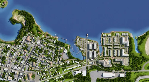 Aerial coastal town view showing docks, houses, and roads