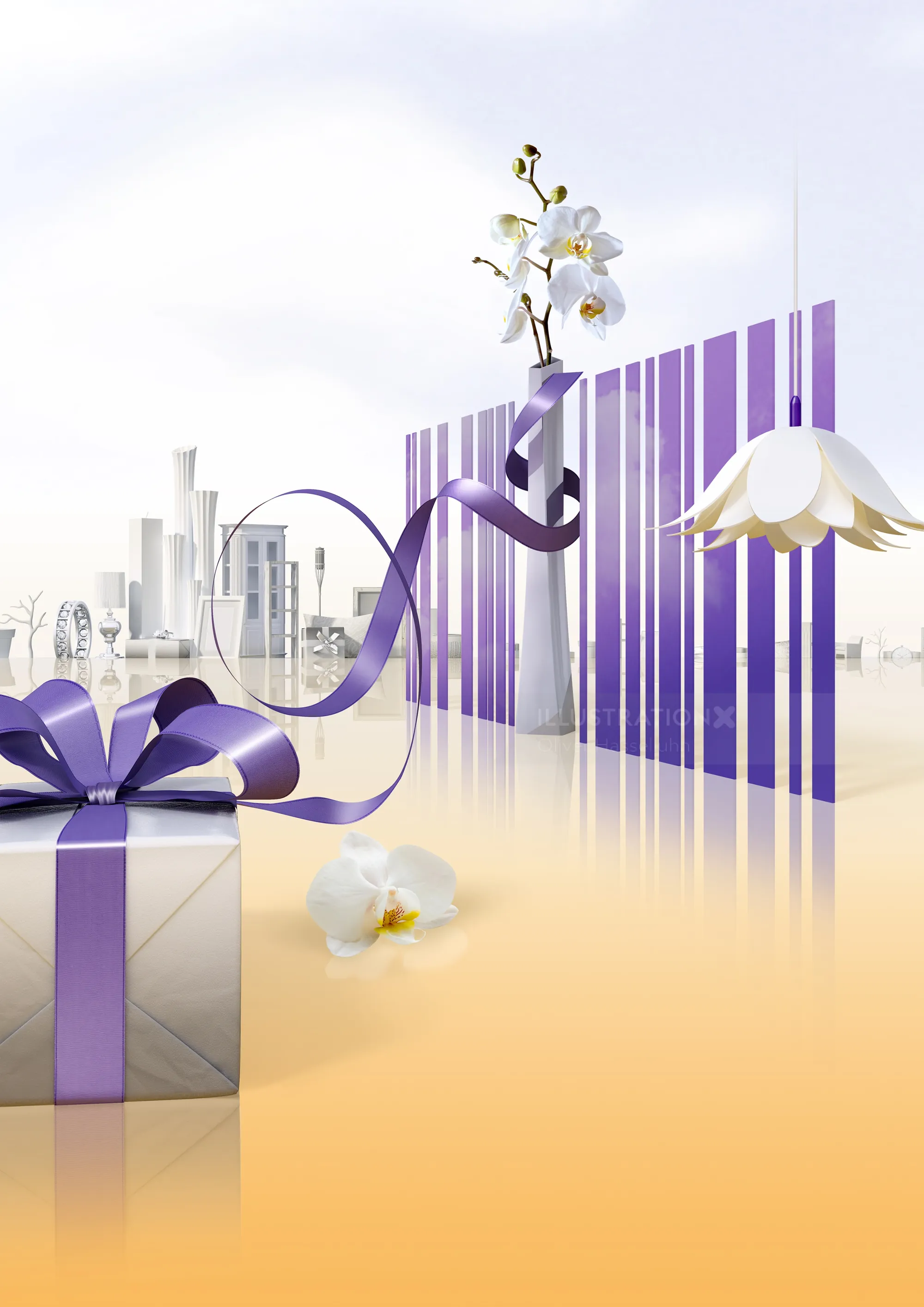 Silver gift box with purple ribbon and white orchids in futuristic city