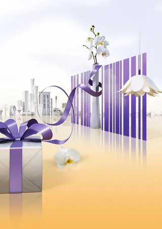 Silver gift box with purple ribbon and white orchids in futuristic city