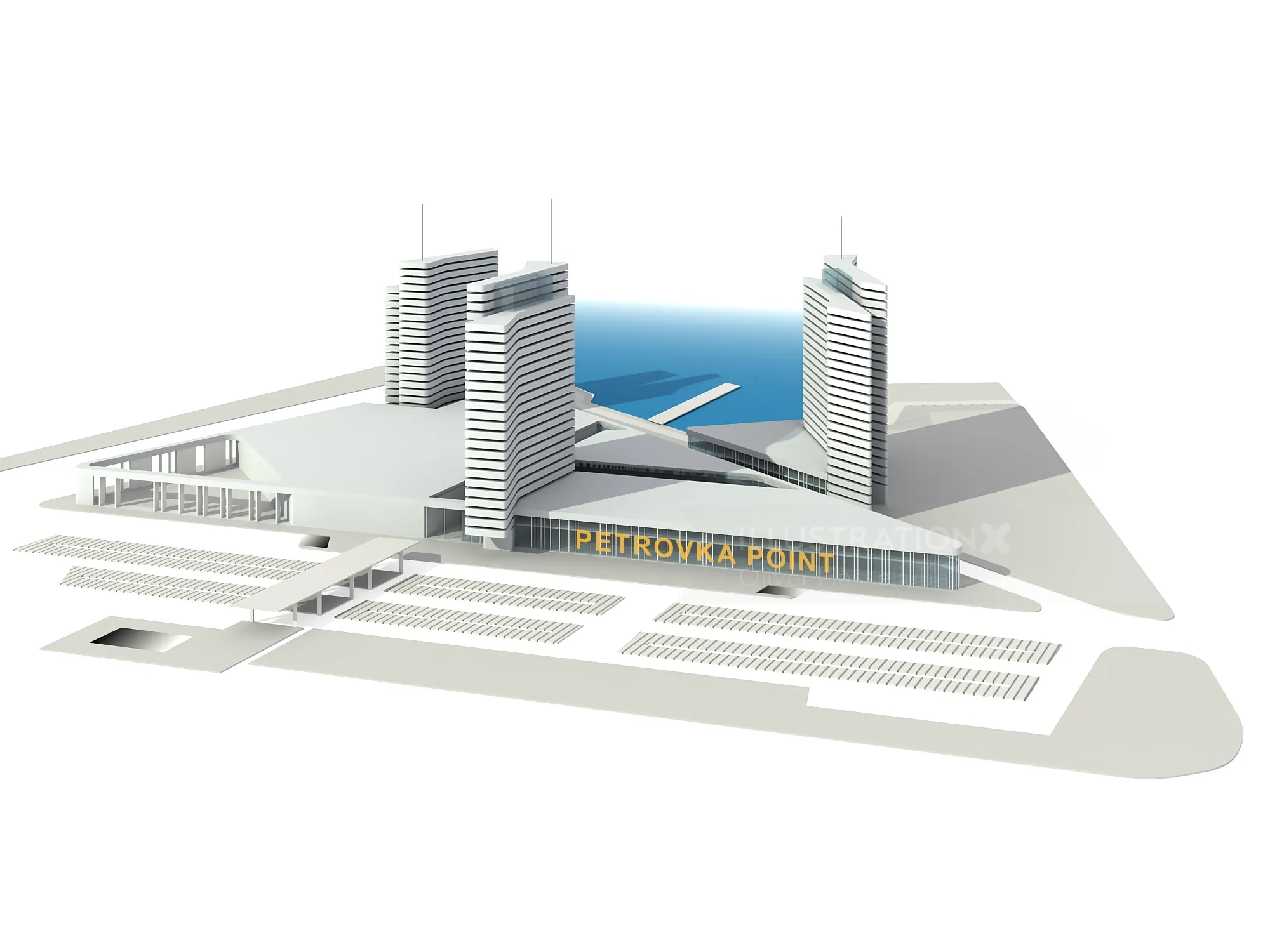 3D architectural model of Petrova Point complex with towers near waterfront