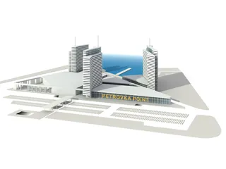 3D architectural model of Petrova Point complex with towers near waterfront