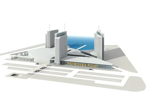 3D architectural model of Petrova Point complex with towers near waterfront