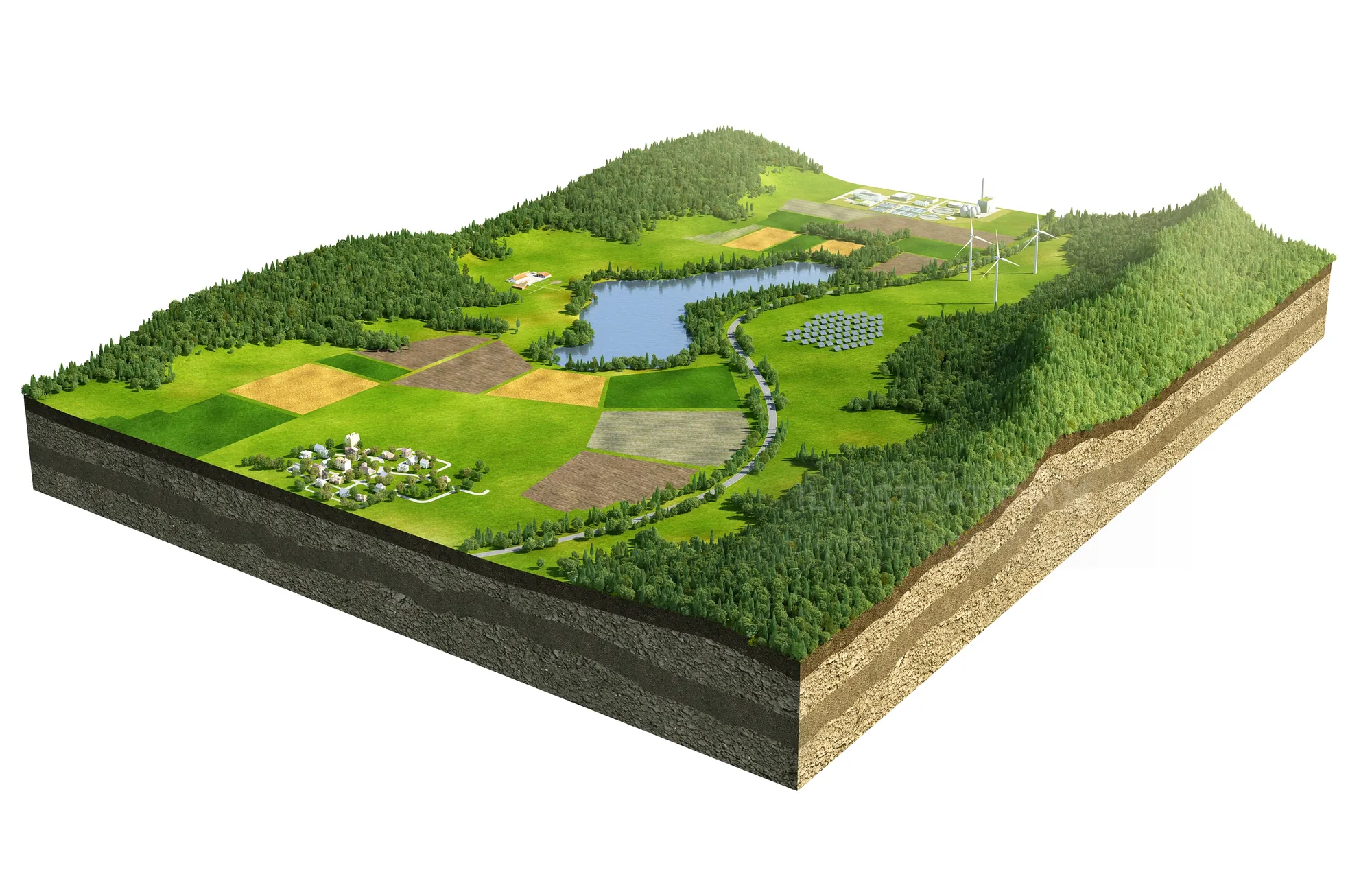 3D landscape model showing forest, fields, lake, and wind turbines