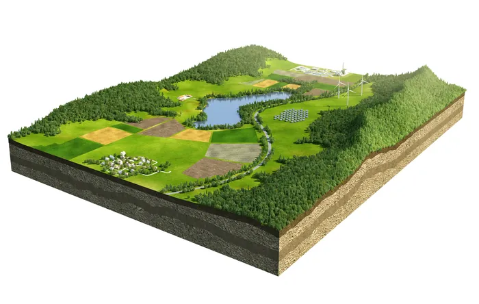 3D landscape model showing forest, fields, lake, and wind turbines
