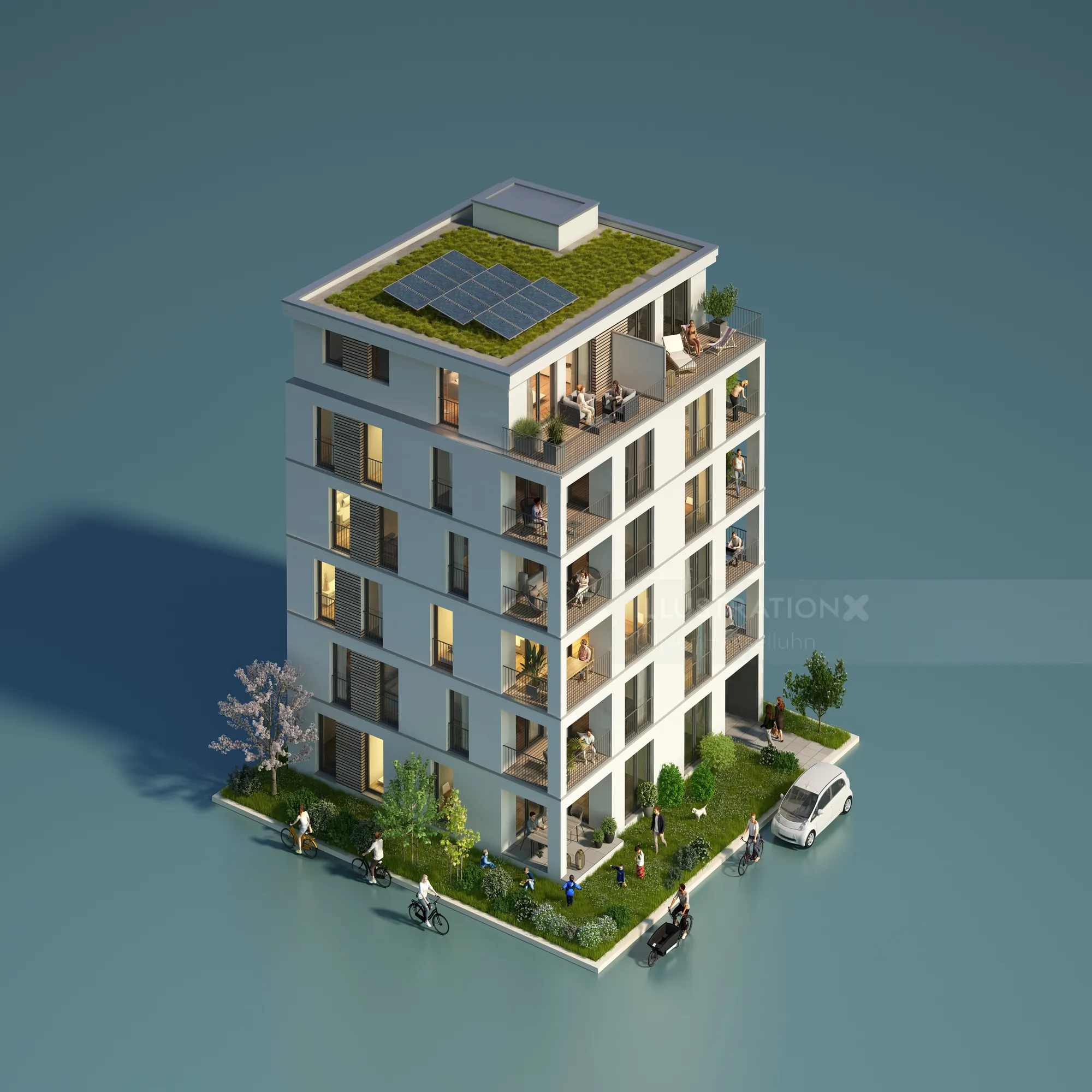 Modern apartment building with solar panels and greenery on rooftop