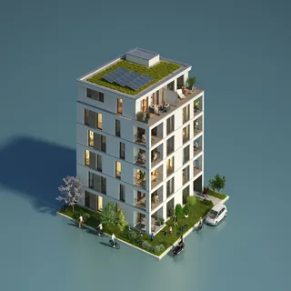 Modern apartment building with solar panels and greenery on rooftop