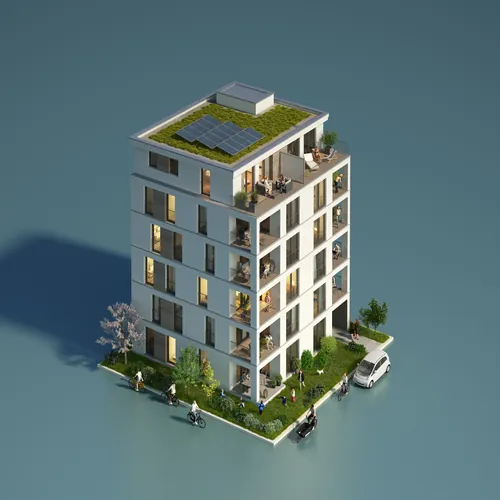 Modern apartment building with solar panels and greenery on rooftop
