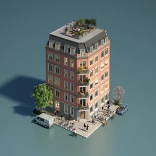 Isometric view of an urban building with rooftop garden and street below