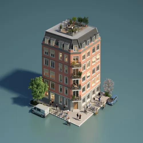 Isometric view of an urban building with rooftop garden and street below