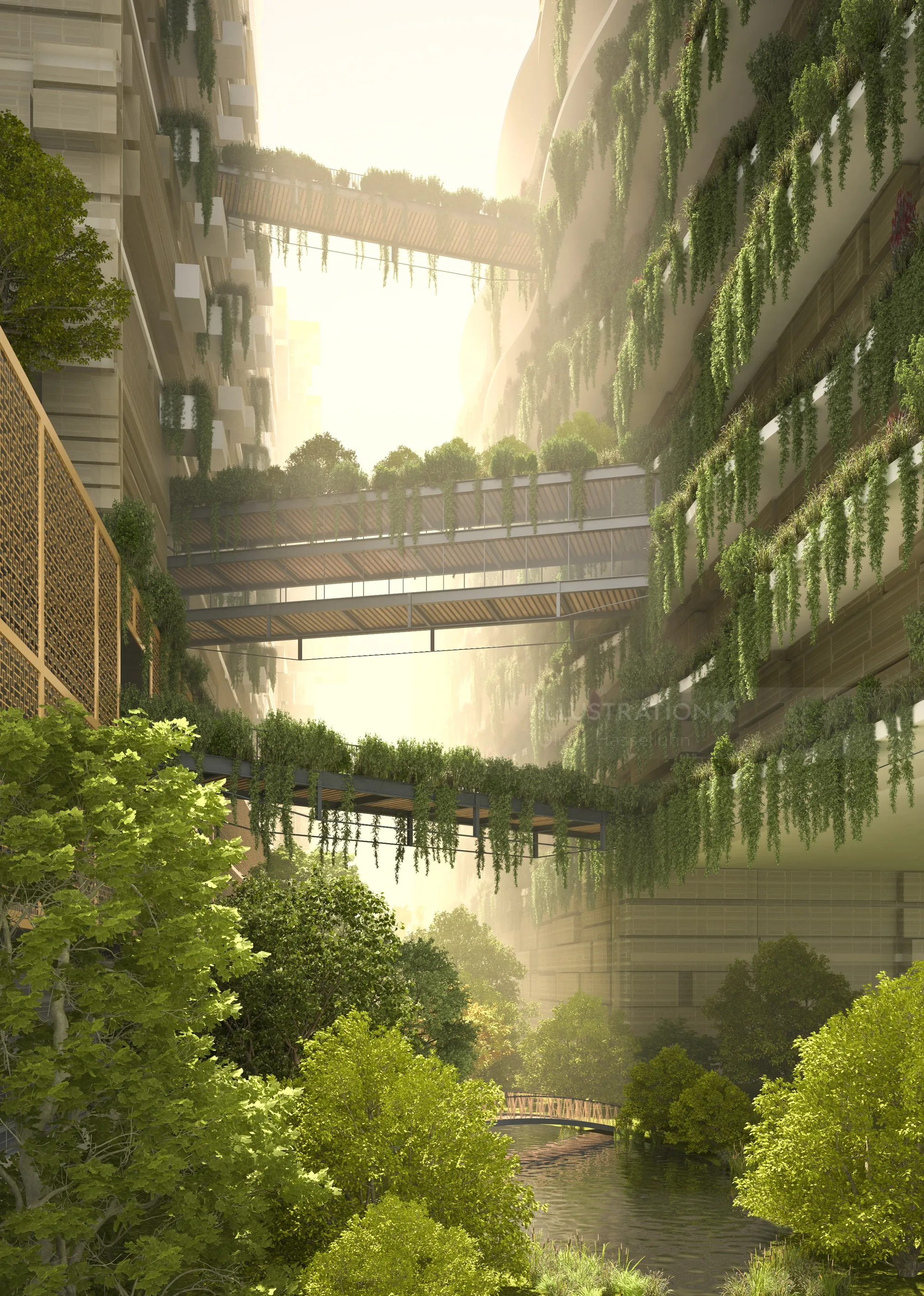 Futuristic city with vertical gardens and green pedestrian bridges above water.