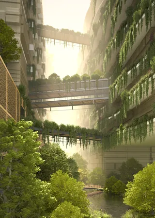 Futuristic city with vertical gardens and green pedestrian bridges above water.