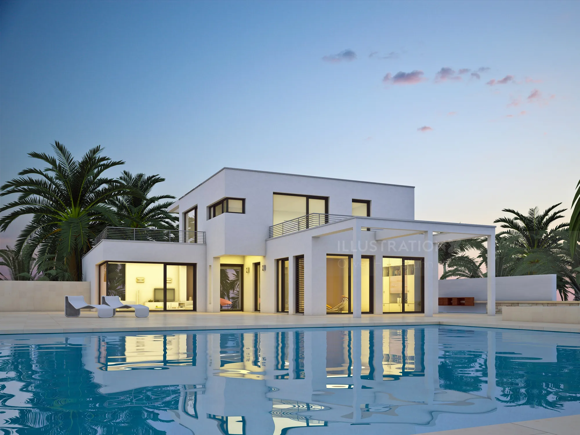 Modern white house with pool and palm trees at sunset