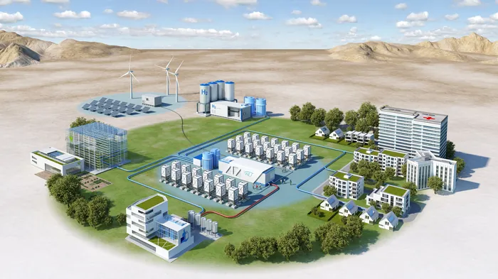 Sustainable industrial complex with solar panels, wind turbines, and modern buildings
