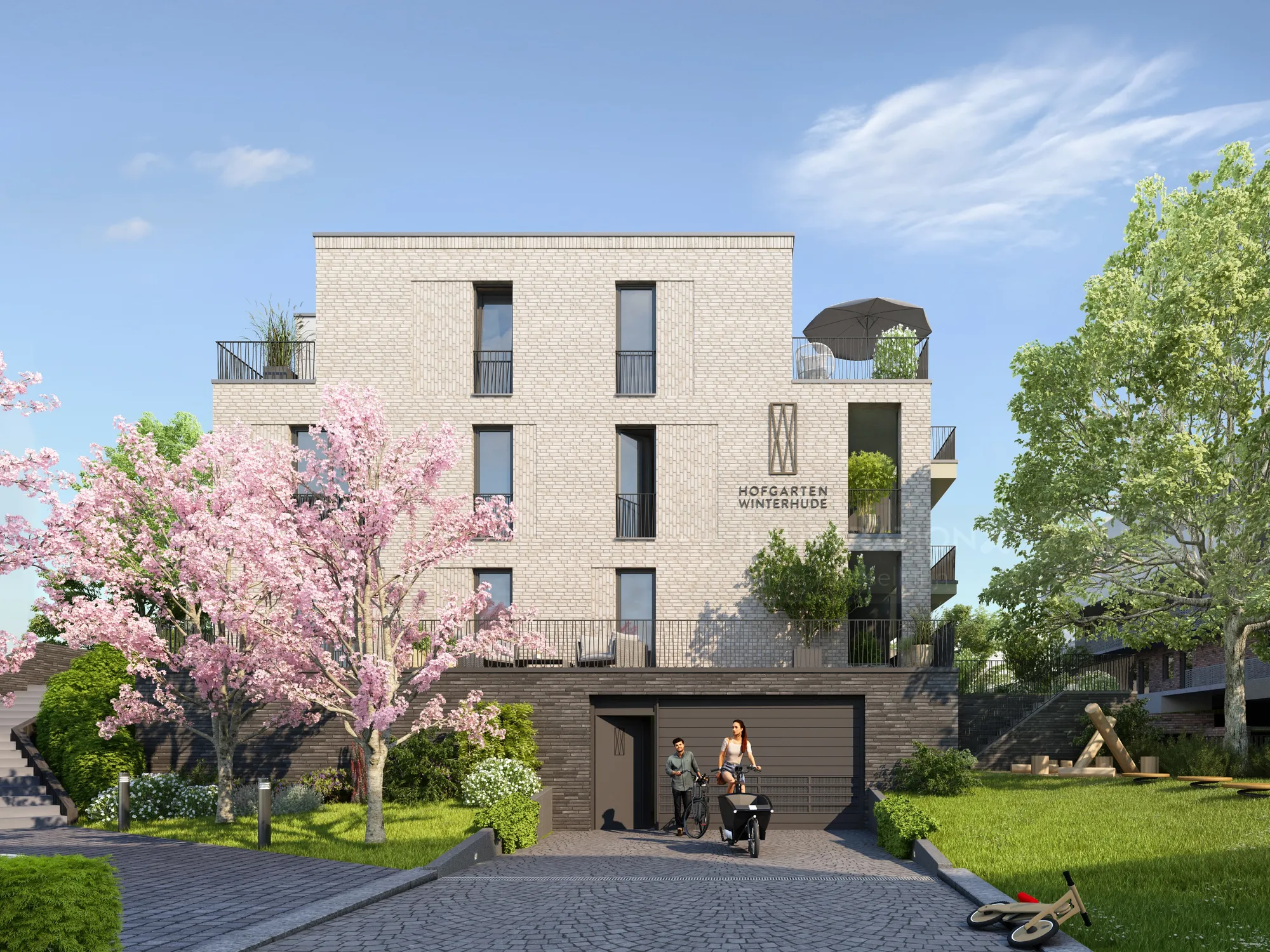Contemporary apartment building with balconies, garden, and people outside