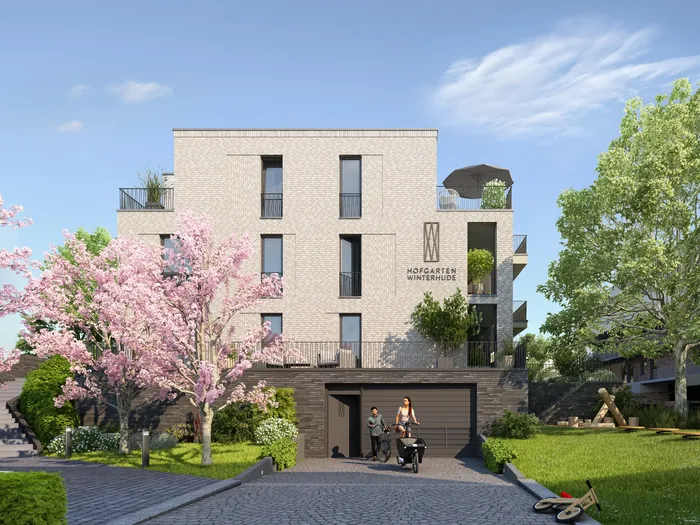 Contemporary apartment building with balconies, garden, and people outside