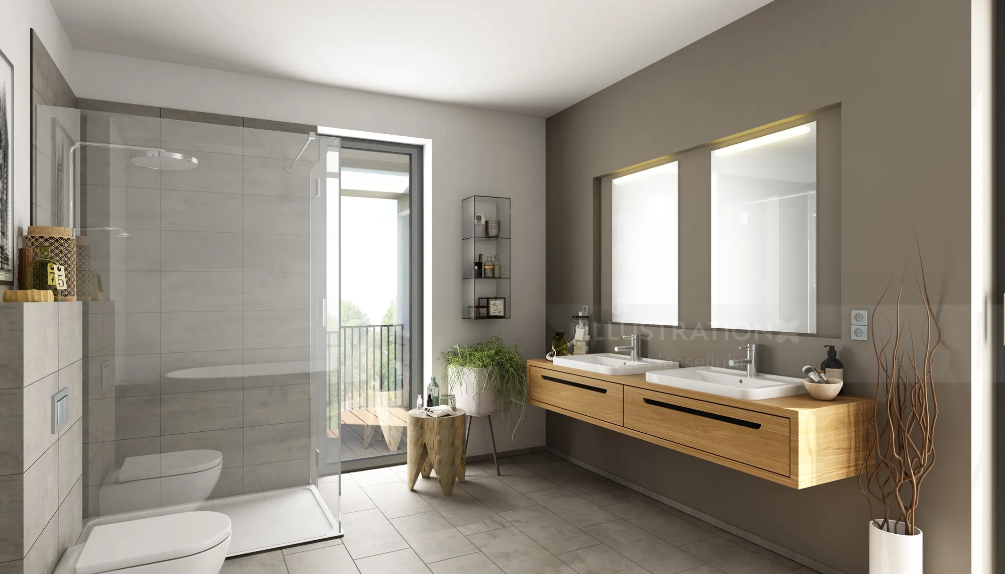 Spacious modern bathroom with double sink vanity and glass shower enclosure.