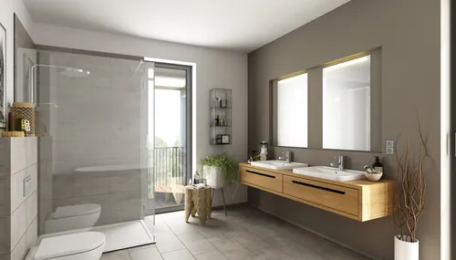 Spacious modern bathroom with double sink vanity and glass shower enclosure.