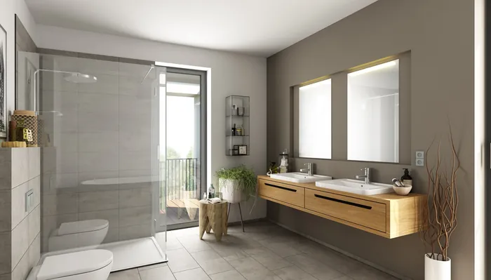 Spacious modern bathroom with double sink vanity and glass shower enclosure.