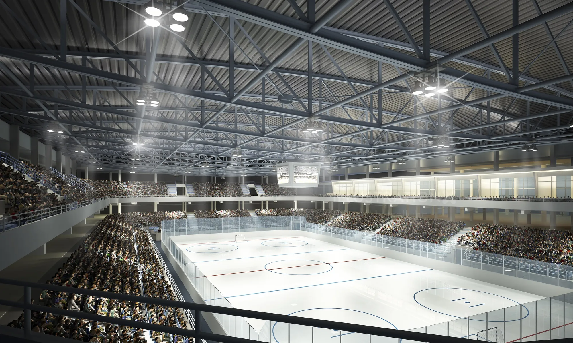 Empty indoor ice hockey rink with spectator seats and lights