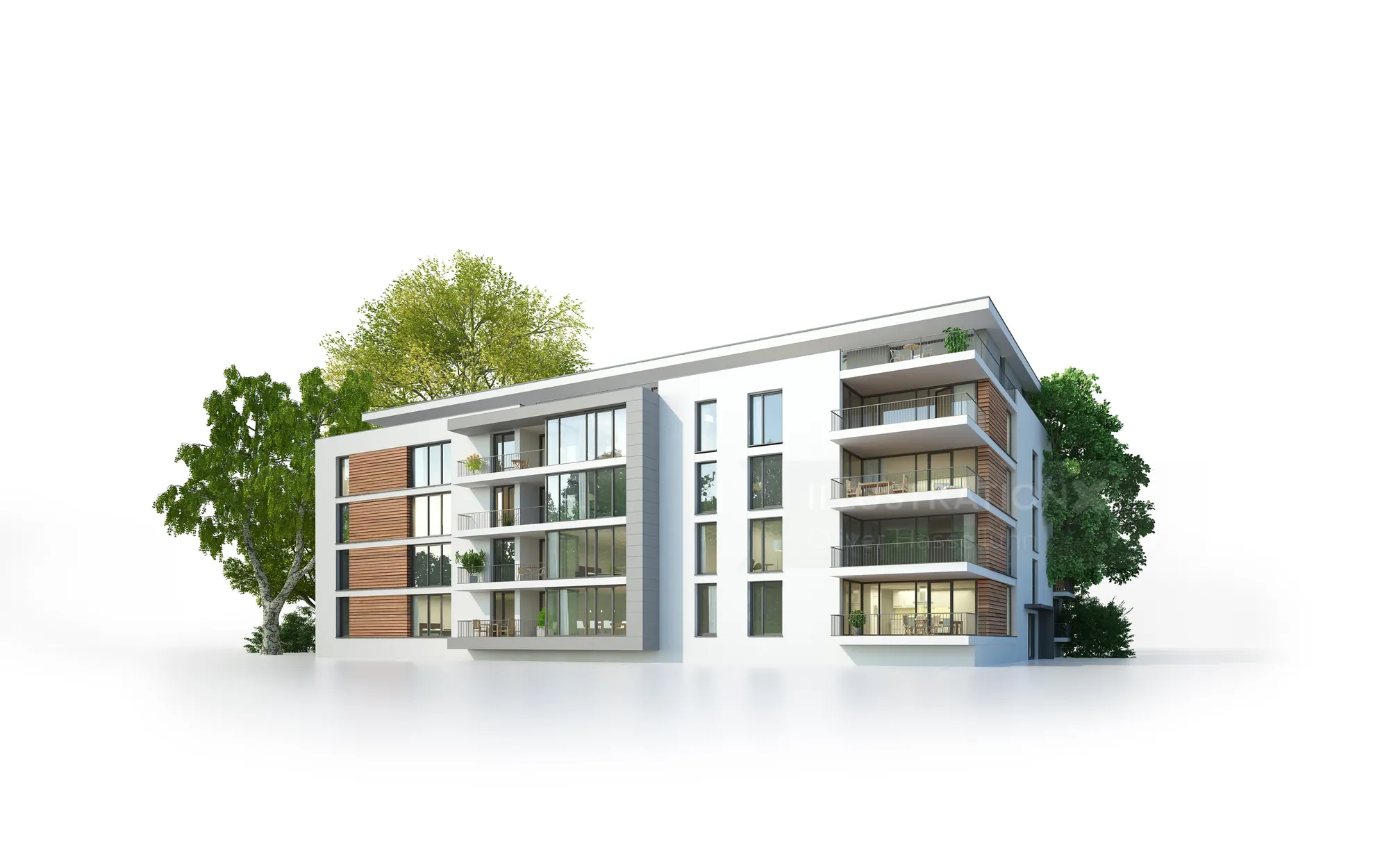 Modern apartment building with balconies surrounded by trees