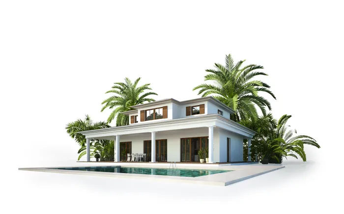 Modern two-story house with pool surrounded by palm trees