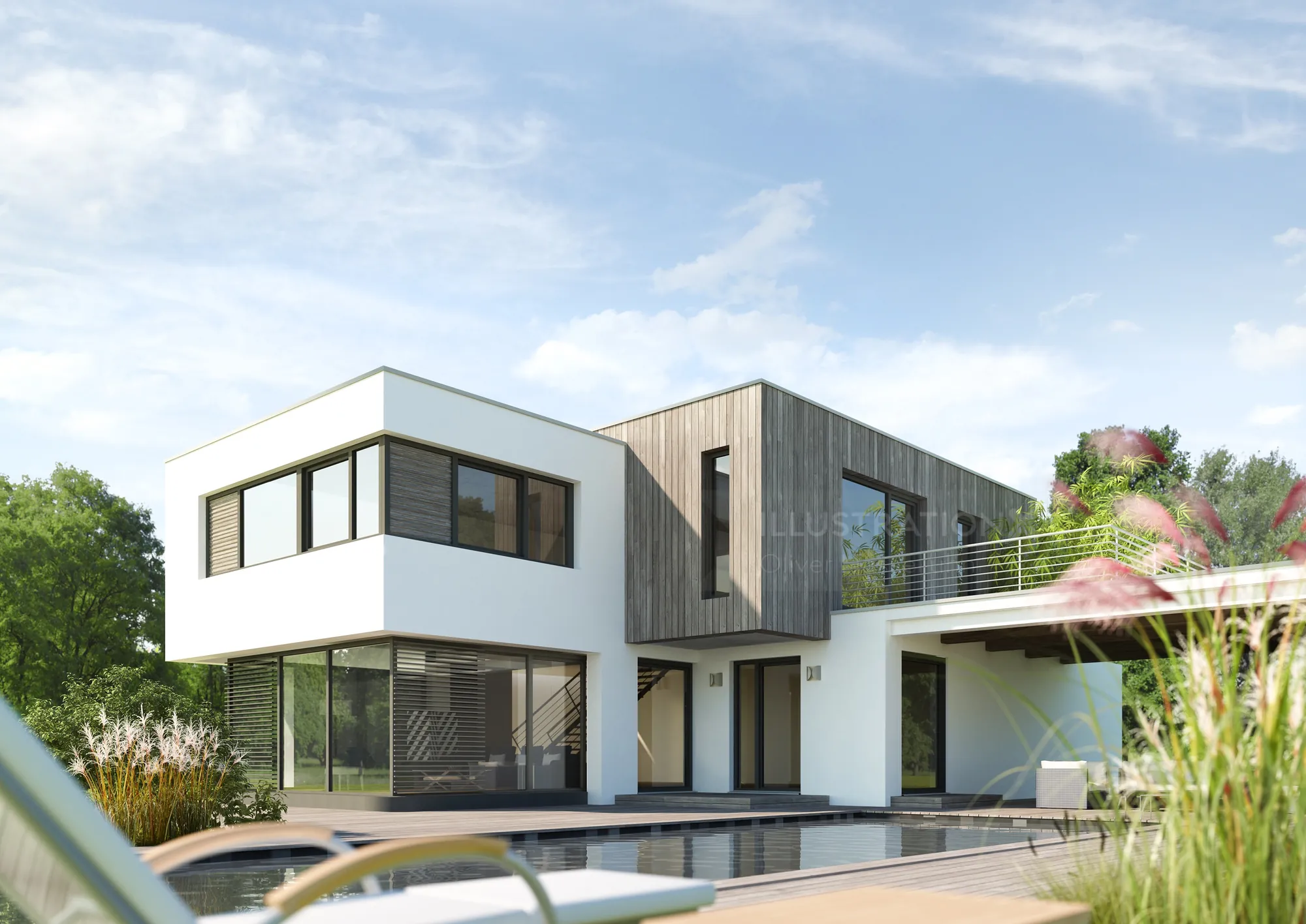 Contemporary two-story home with pool and large glass windows