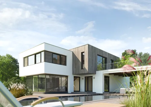 Contemporary two-story home with pool and large glass windows