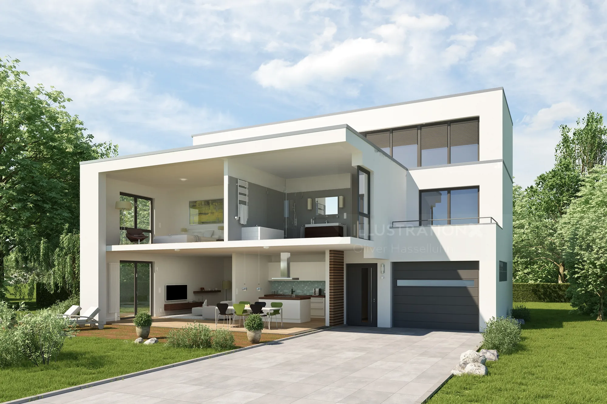 Contemporary two-story white house with garage and large windows