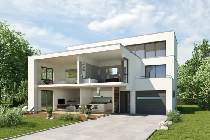Contemporary two-story white house with garage and large windows