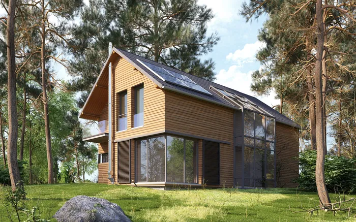 Eco-friendly wooden house with solar panels surrounded by trees
