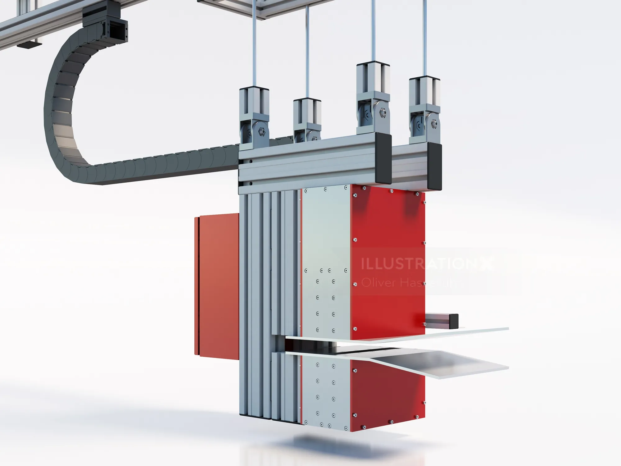 Robotic arm handling metal sheet in industrial environment