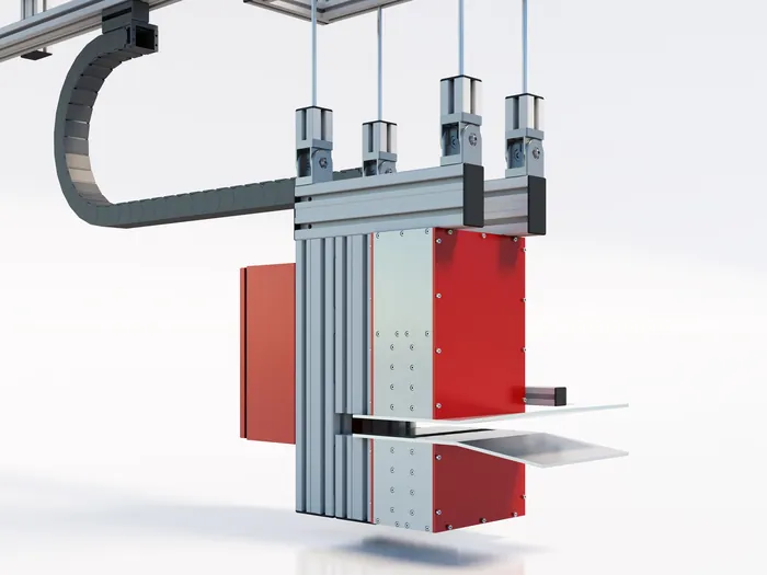 Robotic arm handling metal sheet in industrial environment