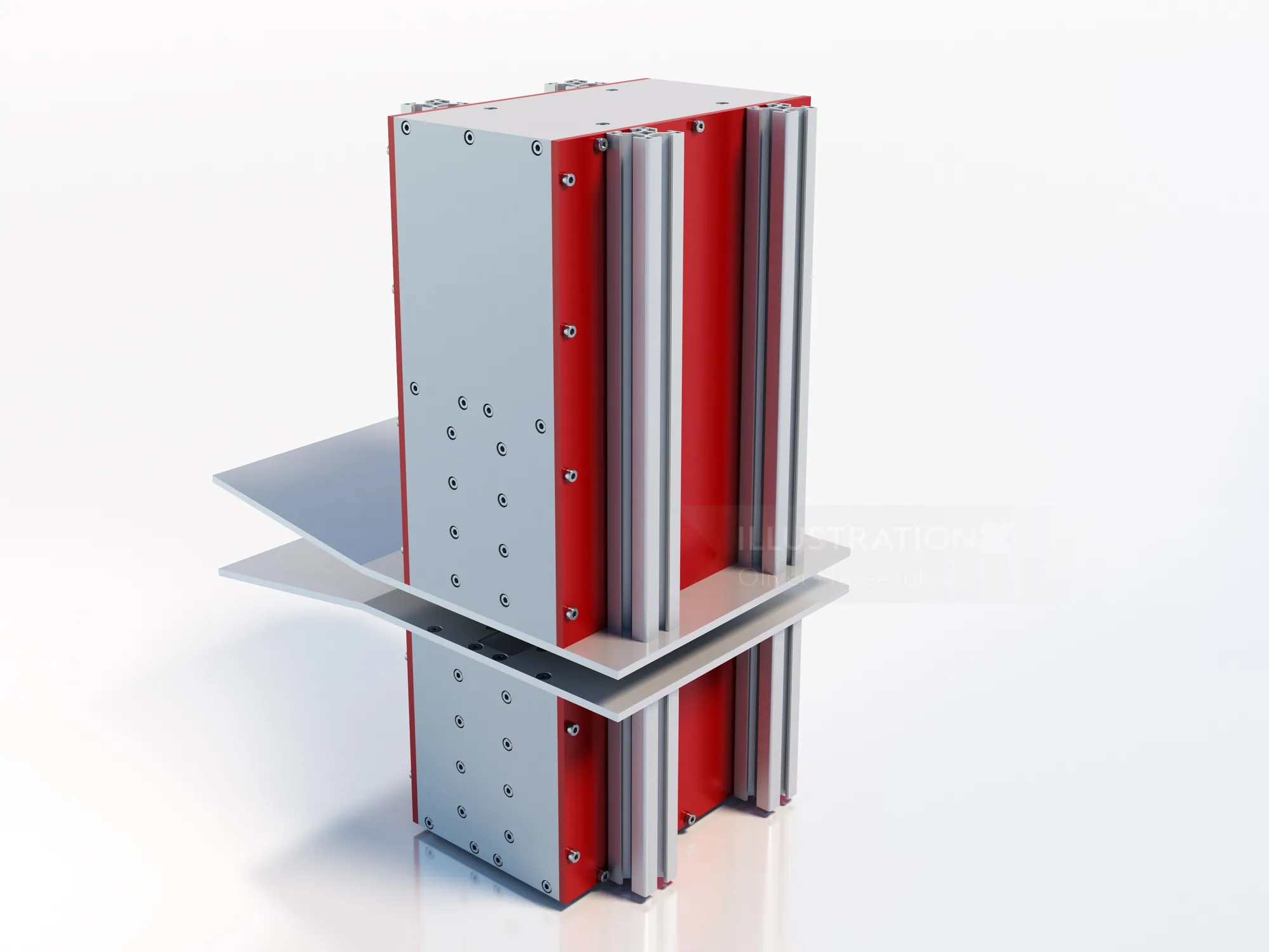 Metallic red and silver structural beam connector on reflective surface