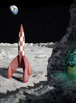 Red and white retro rocket standing on the moon's surface with Earth visible